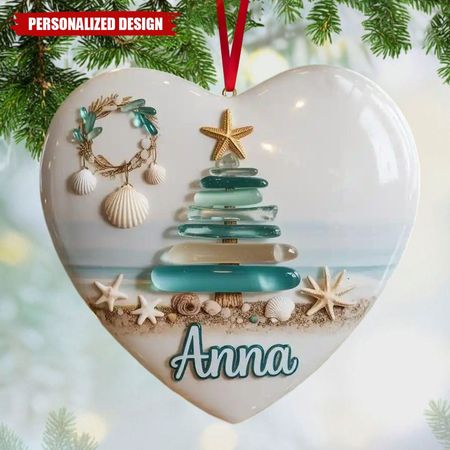 Personalized Coastal Sea Glass Ceramic Christmas Tree Ornaments